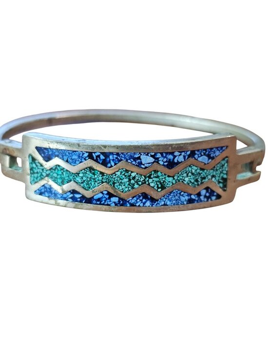 Unbranded Jewelry - Vintage Alpaca Mexico Blue Green Stone Inlay Cuff Bracelet Southwestern Hinged